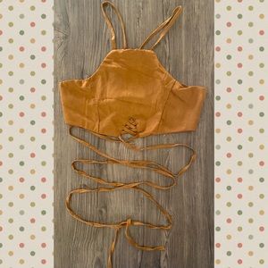 XS faux suede, wrap around crop top - tan/camel color